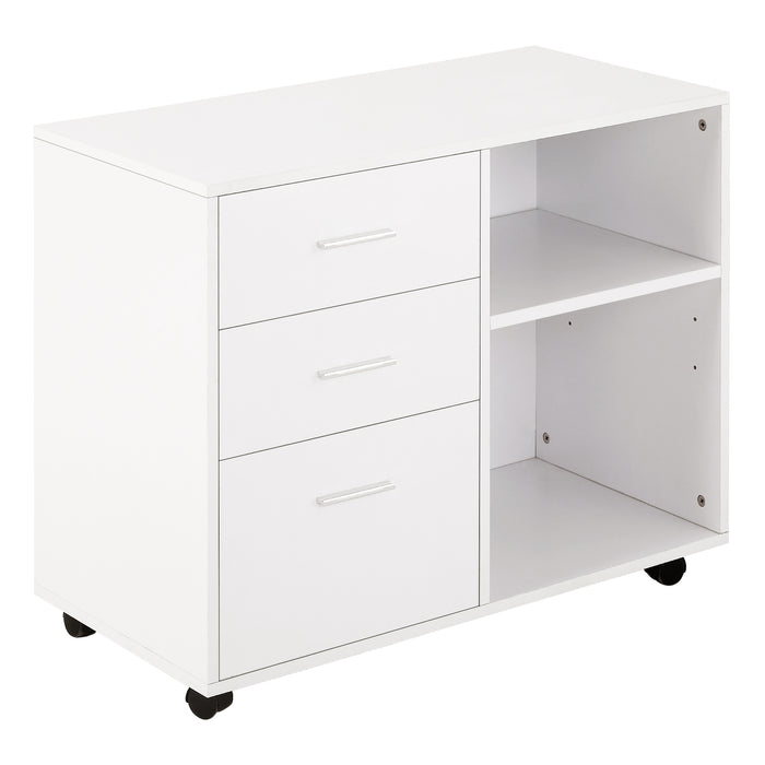 Mobile Printer Stand with Storage - Freestanding Office Desk Side Unit on Wheels with 3 Drawers and 2 Open Shelves, 80x40x65cm - Sleek Modern Design in White for Workspace Organization