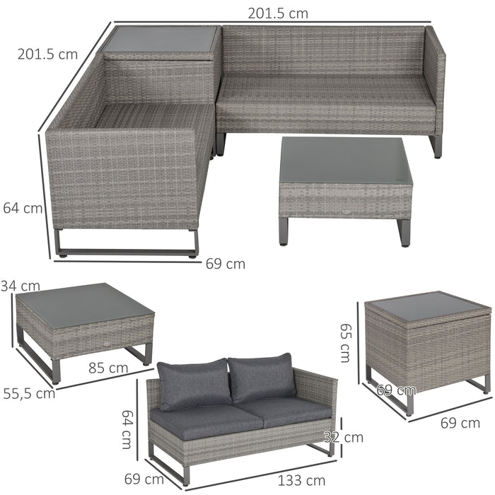 4-Seater PE Rattan Sofa Set - Wicker Garden Patio Furniture with Coffee Table and Side Storage Box, Cushions Included - Ideal for Outdoor Conservatory Spaces, Grey