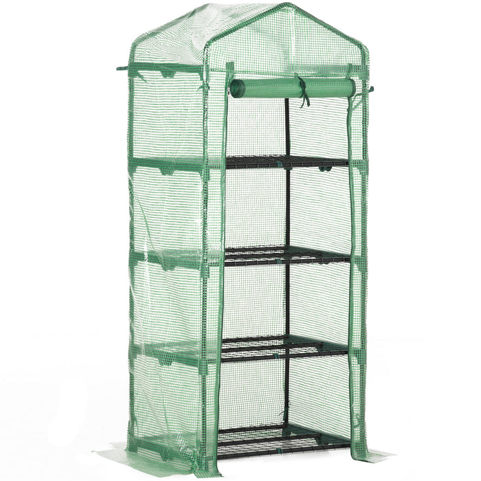 4 Tier Mini Greenhouse - Compact Portable Structure with PE Cover & Steel Frame, Roll-up Door - Ideal for Limited Space Gardening and Plant Protection