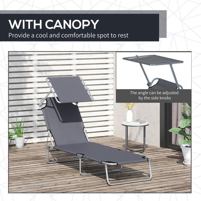 Outdoor Sun Lounger Set with Canopy - Adjustable Patio Recliner Chairs, 2 Pcs, Foldable & Mesh Fabric, Grey - Ideal for Poolside Relaxation & Comfort