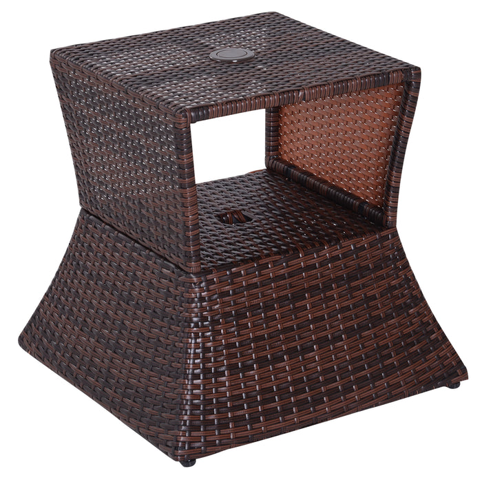 Rattan Wicker Bistro Coffee Table with Umbrella Hole - Outdoor Patio Side Storage Table, Brown - Ideal for Deck, Garden, and Poolside Entertaining