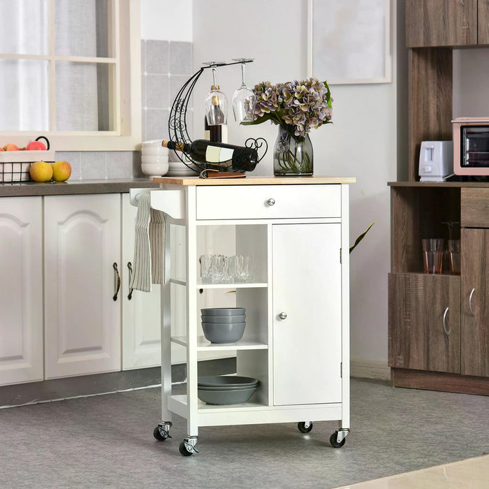 Kitchen Storage Trolley with Wooden Top - 3-Tier Shelving, Cupboard, Drawer, and Towel Rail on 4 Casters - Space-Saving, Mobile Organizer for Home Chefs