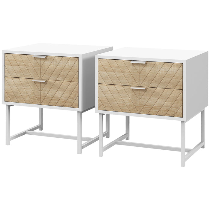 Contemporary White & Oak Nightstand Set with Metal Frame - 2-Drawer Storage Bedside Table Perfect for Bedroom & Living Room - Space-Saving and Stylish Furniture for Organized Environments