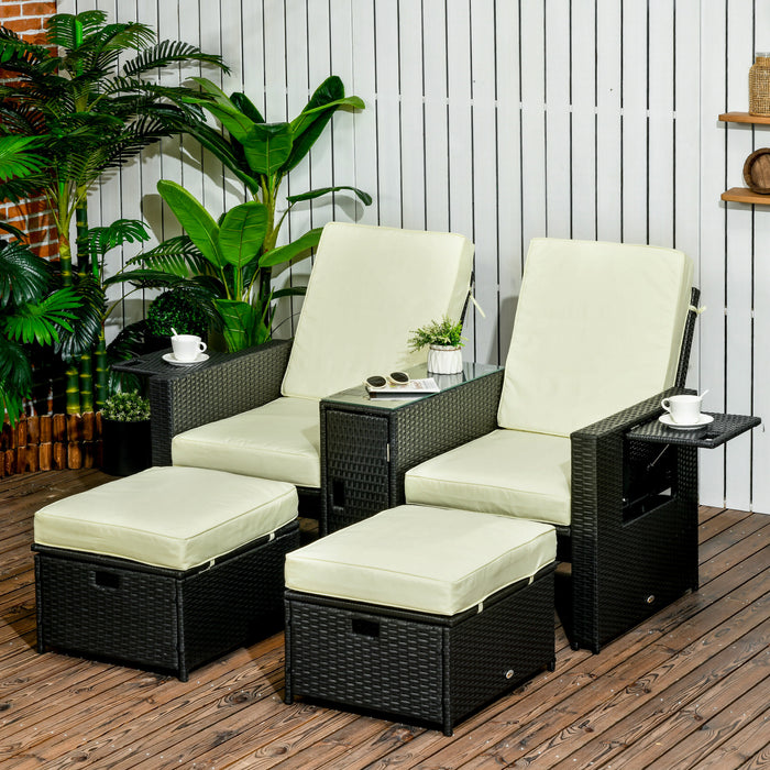 5PC PE Rattan Sun Lounger Set - Outdoor Wicker Adjustable Recliner Sofa Bed with Storage Side Table and Footstools - Perfect for Patio and Garden Relaxation