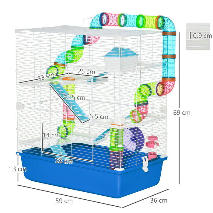 5-Level Gerbil Haven Cage - Spacious Multi-Storey Hamster Home with Tunnel Tubes, Water Bottle & Exercise Wheel - Ideal for Small Rodents with Ramps, 59x36x69 cm, Blue