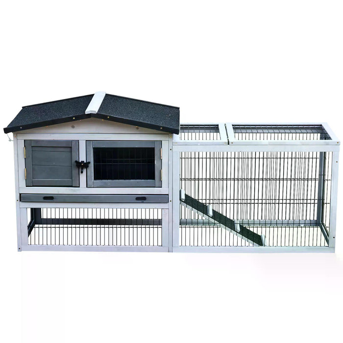 Two-Level Fir Wood Small Animal Hutch with Ramp - Burnt Grey Finish and Dual-Layer Living Space - Ideal for Rabbits and Guinea Pigs