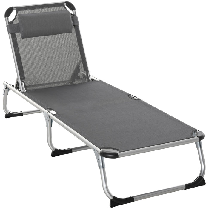 Aluminum Frame Foldable Garden Lounger with Pillow - 5-Level Adjustable Back Camping Bed Cot, Grey, 76H x 170L x 60W - Perfect for Outdoor Relaxation and Comfort