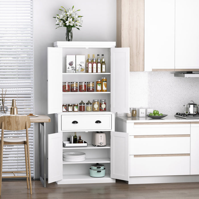 Colonial Style Freestanding Pantry Cabinet - Spacious Kitchen Storage Cupboard, 76x40.5x184 cm, Elegant White - Ideal for Home Organization and Food Storage