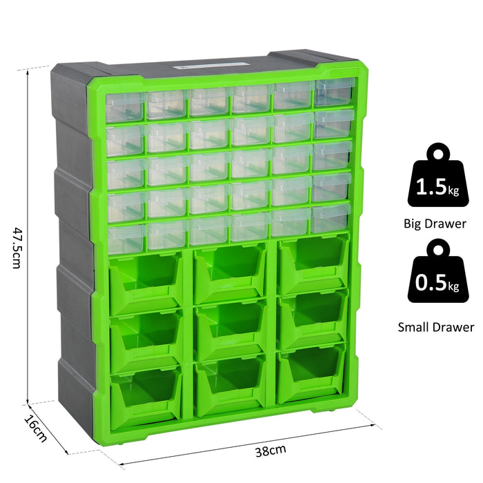 39-Drawer Organizer Cabinet - Compact Plastic Storage Solution, 38x16x47.5 cm, in Green - Ideal for Home, Office or Workshop Organization