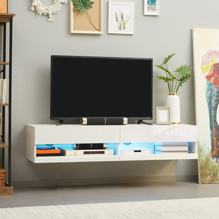 Modern High Gloss White TV Cabinet - Wall Mounted Unit with LED Lights for Up to 65-inch TVs, 150x40x30 cm - Ideal for Contemporary Living Room Ambiance