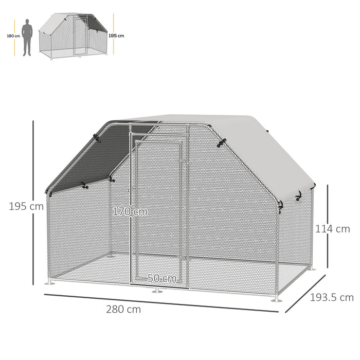 Large Outdoor Metal Chicken Coop with Cover - Spacious 280 x 190 x 195 cm Walk-In Run Cage - Ideal for Poultry Housing and Protection