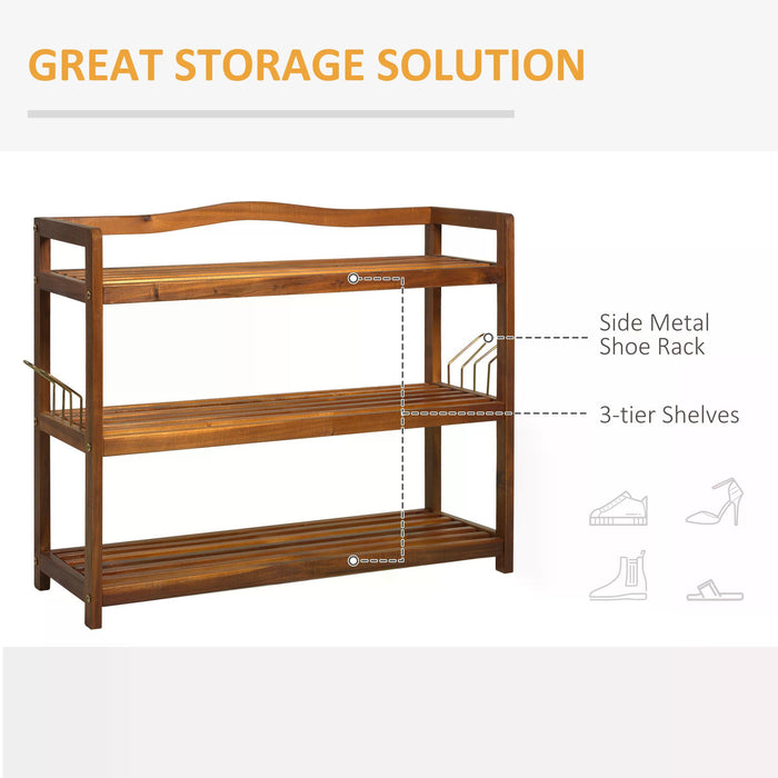 Acacia Wooden 3-Tier Shoe Rack with 2 Hangers - Space-Saving Storage Organizer, Up to 12 Pairs, 74x26x62 cm - Ideal for Entryway and Living Room, Teak Finish