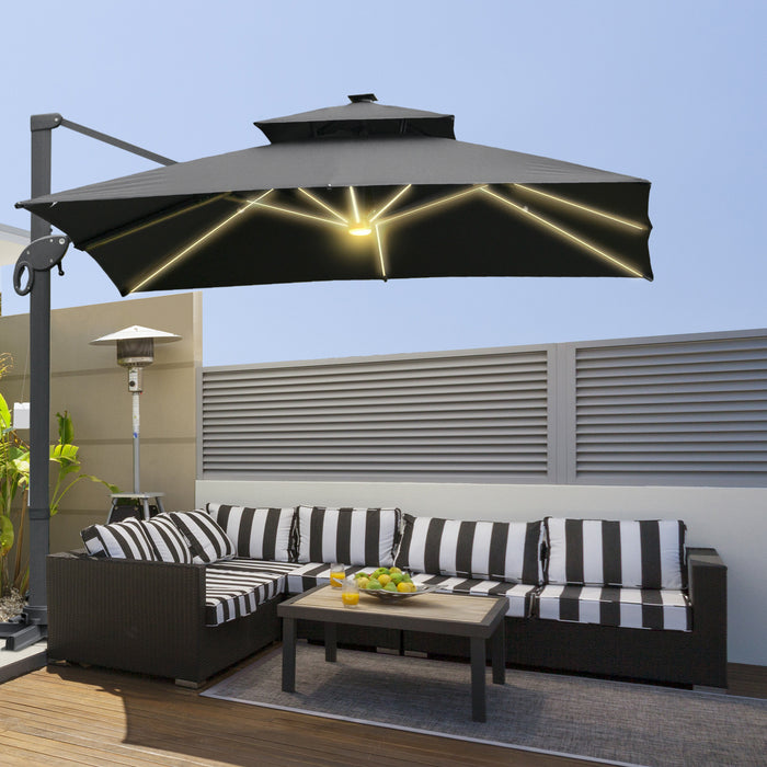 Cantilever Roma Parasol with LED Solar Light - 3x3m Outdoor Sun Umbrella with 360° Rotation and Cross Base - Ideal for Patio, Backyard in Dark Gray