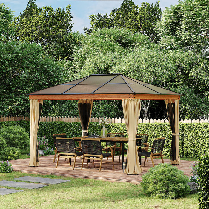 3 x 3.6 m Hardtop Gazebo - Polycarbonate Roof and Aluminium-Steel Frame with Nettings and Sidewalls - Ideal for Garden and Patio Use, Khaki Shade