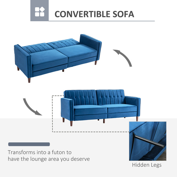 Convertible Sofa Futon with Velvet-Touch - Tufted Compact Loveseat with Adjustable Split Back in Blue - Ideal for Small Spaces & Comfy Casual Seating