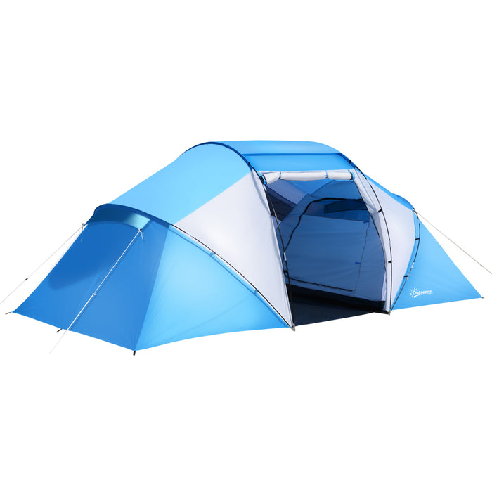 Family Tunnel Tent for 4-6 People - Two-Bedroom Camping Shelter with UV Protection, Ideal for Hiking and Outdoors - Blue/White Sunshade for Group Adventures