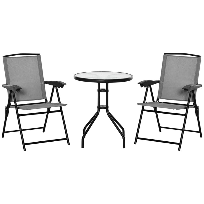 3 Piece Patio Bistro Set with Folding Chairs - Tempered Glass Table, Adjustable Backrest in Grey - Ideal for Outdoor Dining and Relaxation