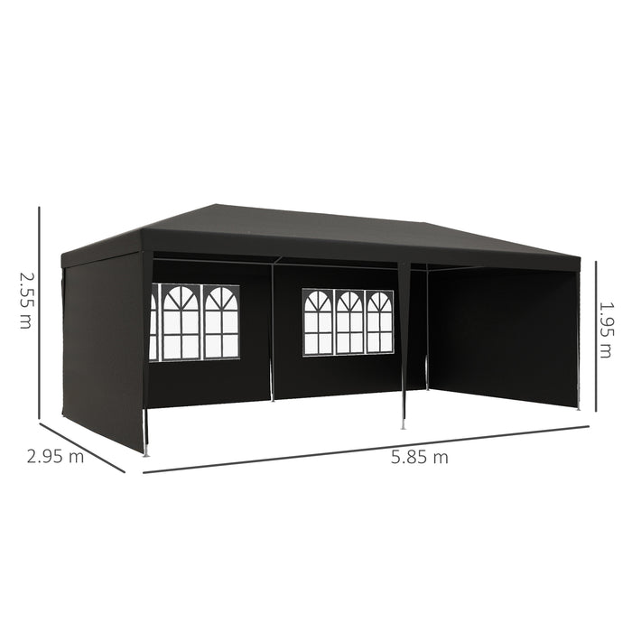 Outdoor Party Tent Gazebo - 6x3m Marquee with Windows & Side Panels for Patio Shelter - Ideal for Events and Gatherings, Dark Grey