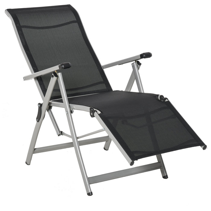 Adjustable Outdoor Sun Lounger - 10-Position Folding Recliner with Footrest, Black and Grey - Ideal for Patio and Garden Relaxation