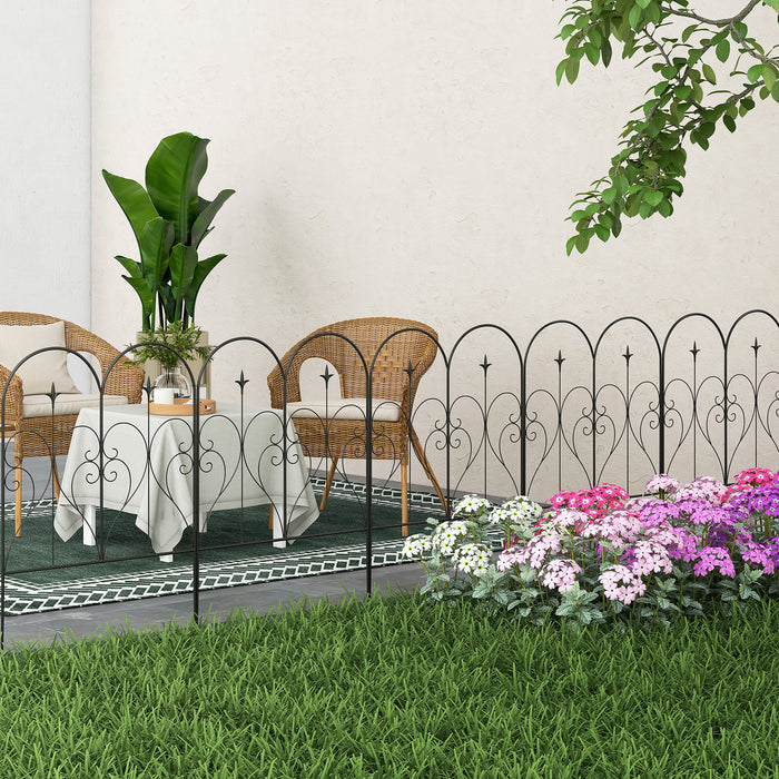 Decorative Metal Picket Fence Panels - Set of 5 with Heart-Shaped Scrollwork Design, Black Finish - Enhances Garden Aesthetics & Boundary Marking