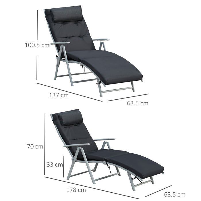 Outdoor Patio Adjustable Sun Lounger - Foldable Reclining Garden Chair with Texteline Fabric and Pillow, Black Cushion Included - Comfortable Seating for Relaxation and Sun Bathing