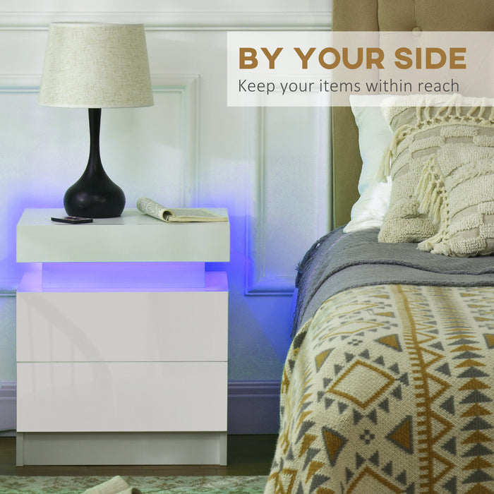 Modern White Bedside Table with Built-in LED Light - High Gloss 2-Drawer Nightstand - Perfect for Bedroom and Living Room Storage Needs