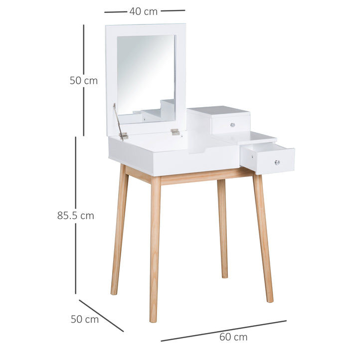 Modern MDF and Pine Dressing Table with Flip-Up Mirror - Versatile Desk with 2 Drawers in Sleek White Finish - Ideal for Bedroom Makeup Station and Work Area