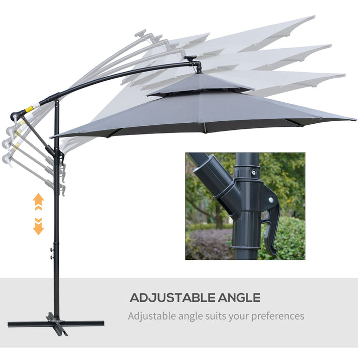 Cantilever Banana Parasol with Solar LED Lights - Outdoor Double-Roof Hanging Umbrella, Crank System, 8 Rib Support - Ideal for Garden & Patio Shade