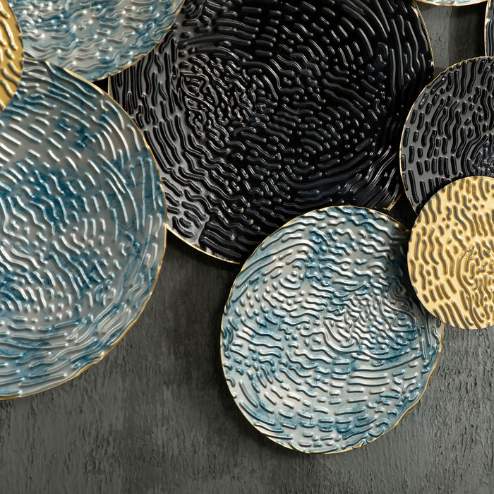 Modern 3D Circle Wall Sculptures - Blue Black Gold Metal Wall Art for Home Decor - Contemporary Accent for Living Room, Bedroom, Dining Room