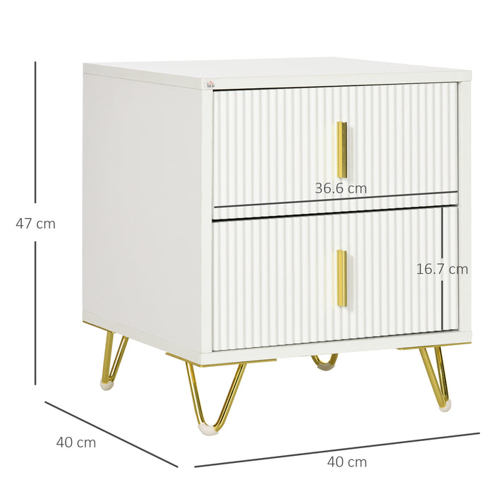 2-Drawer Bedside Table - Sleek White Nightstand with Sturdy Metal Frame - Ideal for Bedroom & Living Room Storage Solutions