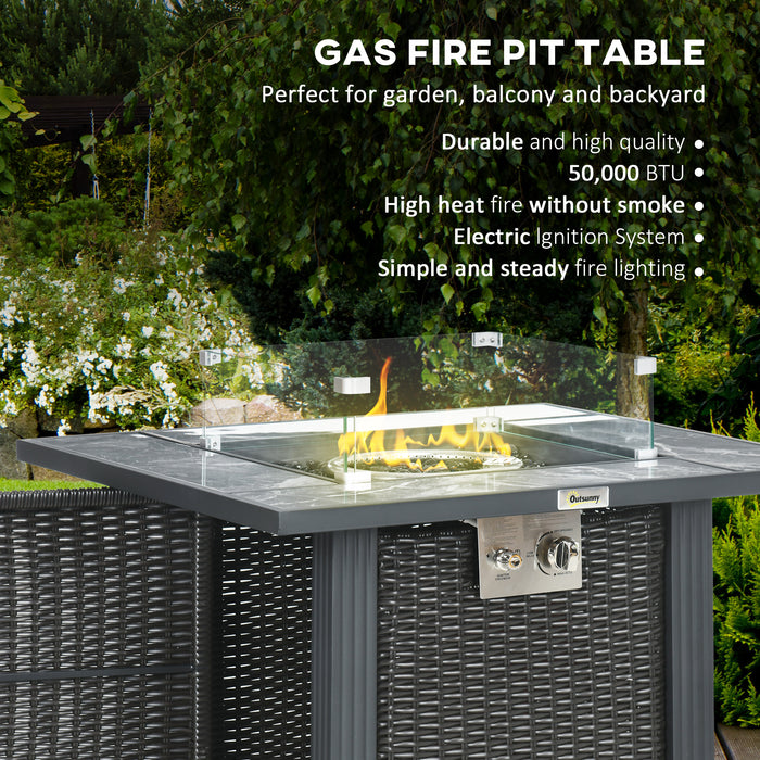 Outdoor PE Rattan Gas Fire Pit Table with Marble Top - Patio Heater, Glass Windscreen, Glass Stones, Rain Cover Included - Ideal for Entertaining & Keeping Warm Outdoors