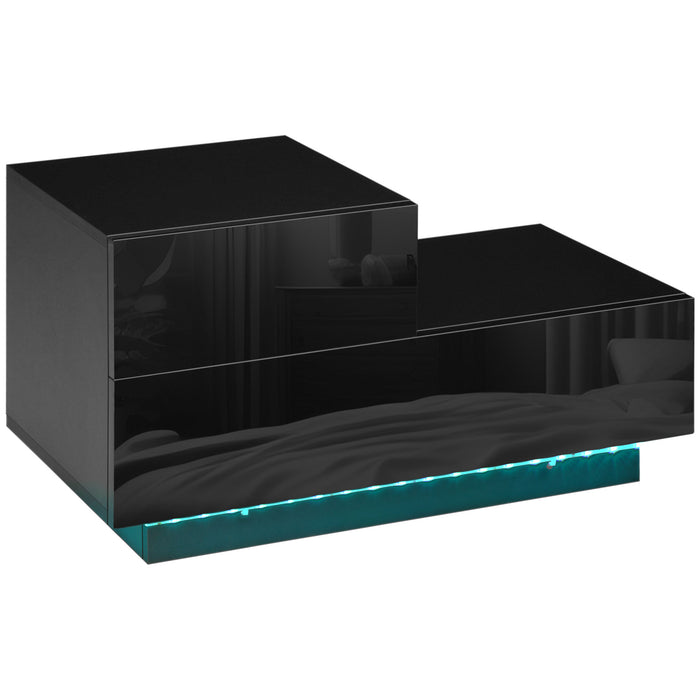 High Gloss Bedside Table with Drawers - Nightstand with RGB LED Light and Remote, Black Finish - Perfect for Bedroom and Living Room Ambiance