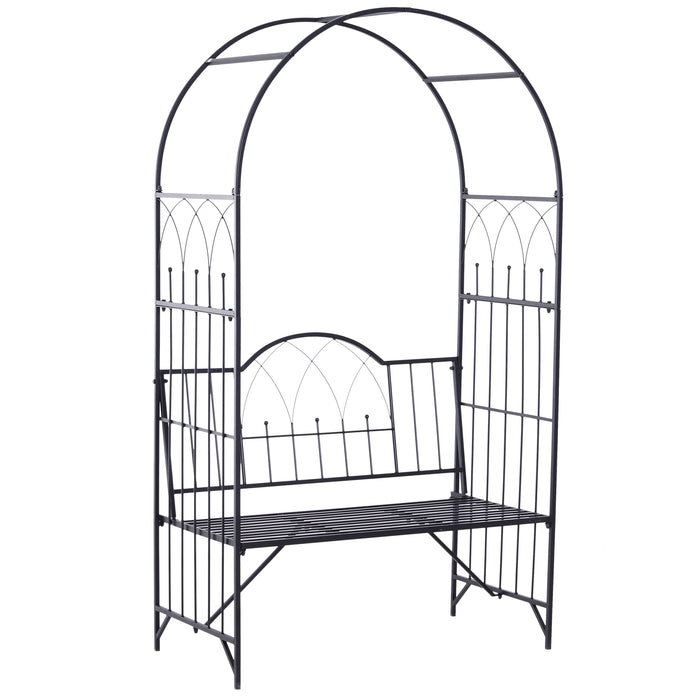 Outdoor Metal Garden Arch with Integrated Bench - Rose Trellis Pergola Design for Climbing Plants - Antique-Style 2-Seater Patio Seating for Relaxation and Garden Beautification