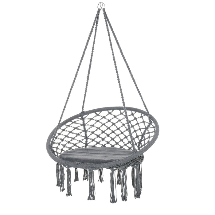 Cotton-Poly Blend Macrame Swing Hammock - Stylish Indoor & Outdoor Hanging Chair with Backrest & Fringe Tassels - Cozy Spot for Relaxation, Grey