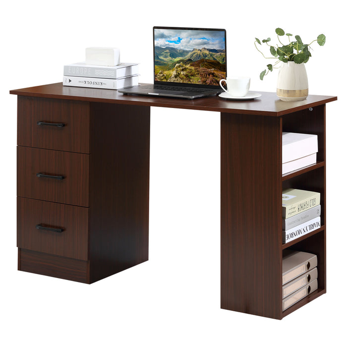 120cm Walnut Brown Computer Desk - Storage Shelves and Drawers Writing Table Workstation - Ideal for Home Office and Study Spaces