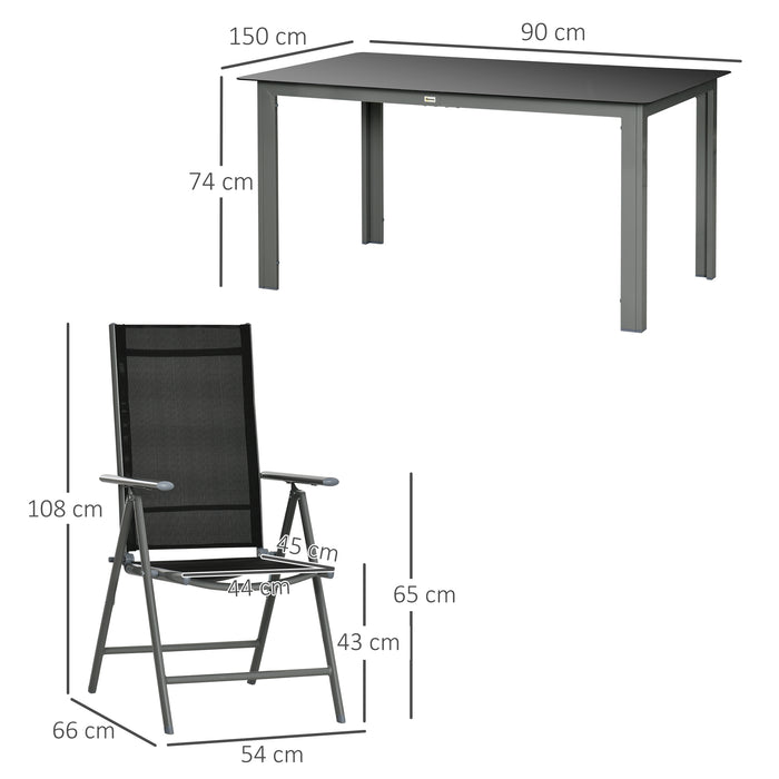 7-Piece Garden Dining Set with Tempered Glass Top & Texteline Seats - Outdoor Aluminium Frame Table & 6 Reclining Folding Chairs - Ideal for Patio Entertainment and Relaxation