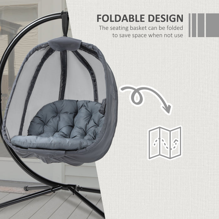 Folding Hanging Egg Chair with Stand - Grey Swing Hammock with Cushion for Patio and Garden - Ideal for Indoor/Outdoor Relaxation and Comfort