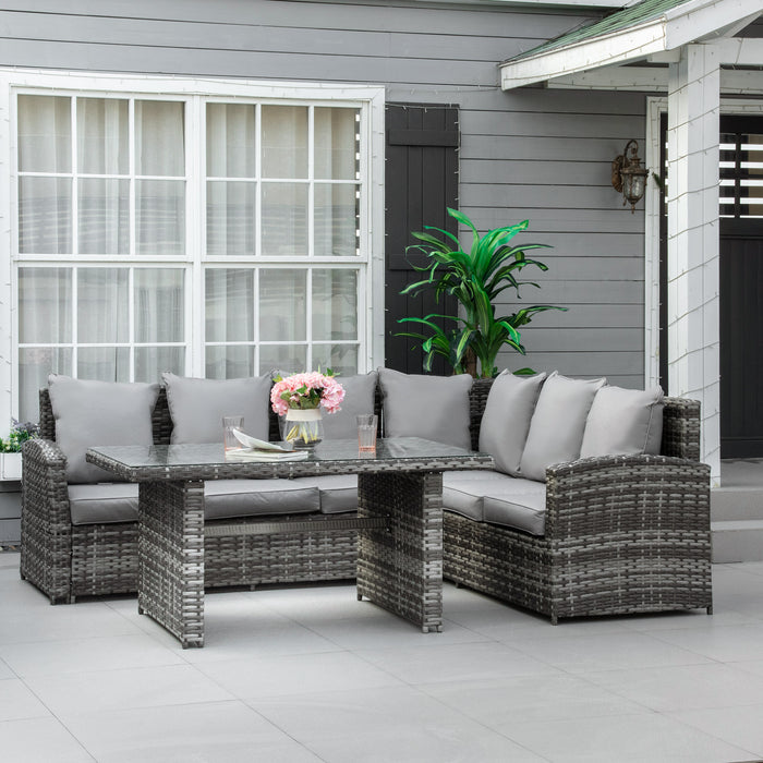 6-Seater PE Rattan Corner Dining Set - Outdoor Garden Patio Furniture with Sofa Table and Cushions - Ideal for Al Fresco Dining and Entertaining