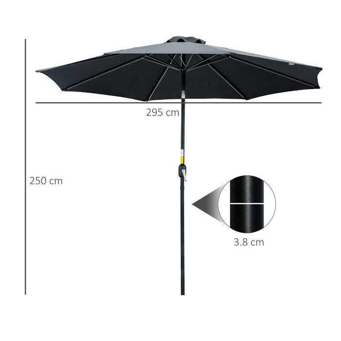 Tilting Parasol - 3m Outdoor Sun Shade Umbrella with 8 Ribs, Tilt and Crank Handle, Black - Ideal for Balcony, Bench, and Garden Use