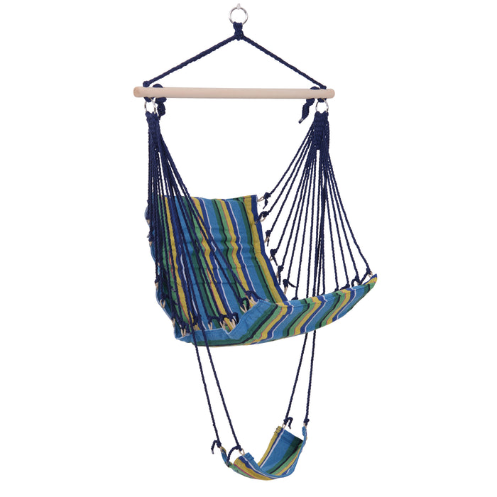 Outdoor Cotton Rope Hammock Chair - Blue Striped Patio Swing Seat with Wooden Footrest - Ideal for Garden, Yard, and Deck Relaxation