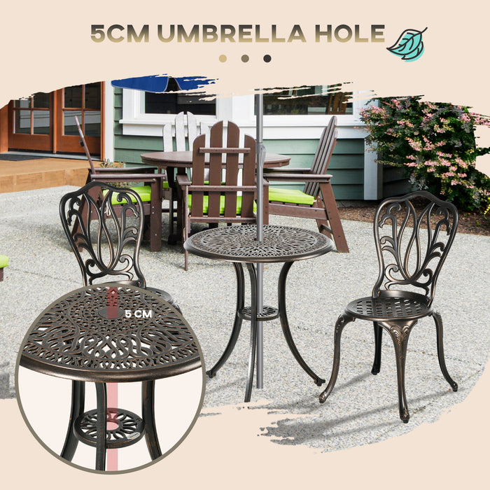 Aluminium 3-Piece Bistro Set - Patio Garden Furniture with 2 Chairs and Table, Umbrella Hole - Ideal for Outdoor Dining and Relaxation in Bronze Tone