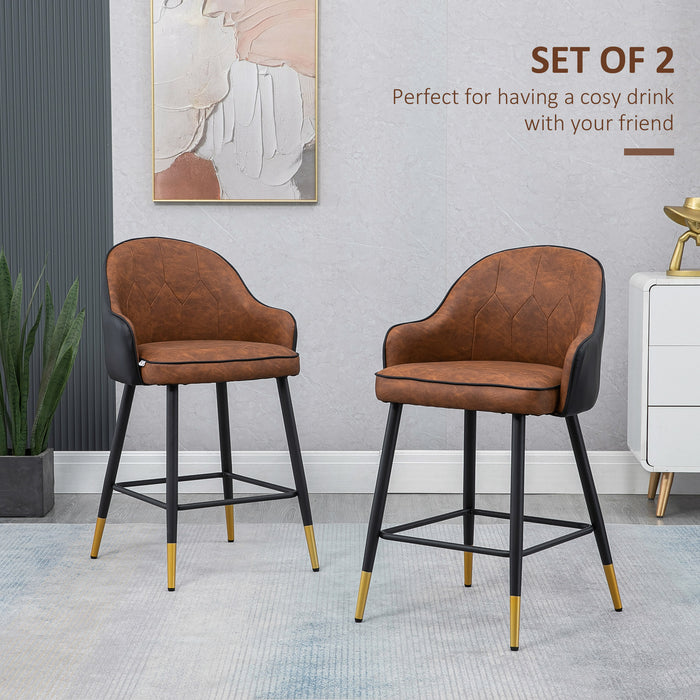 Modern Upholstered Bar Stools (Set of 2) - PU Leather Kitchen Chairs with Tufted Back and Steel Legs, Brown - Ideal for Home Bar or Kitchen Island Seating