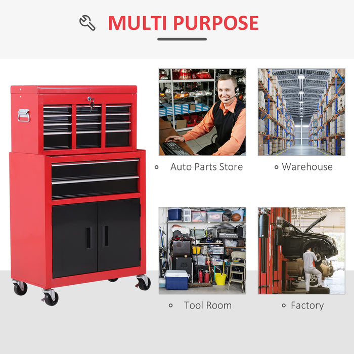 Metal Tool Chest on Wheels with 6 Drawers and Pegboard - Top Chest and Roller Cabinet Combination, 61.6 x 33 x 108cm in Red - Ideal for Workshops and DIY Enthusiasts