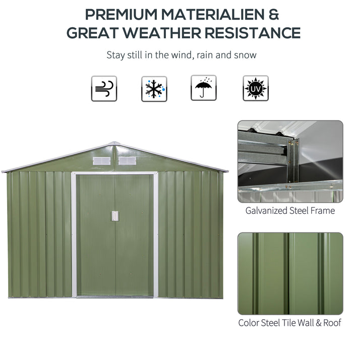 9x6 ft Metal Garden Shed - Corrugated Steel Roof, Ventilated Storage Unit with Foundation and Doors - Ideal for Tool Organization & Outdoor Equipment Protection, Light Green