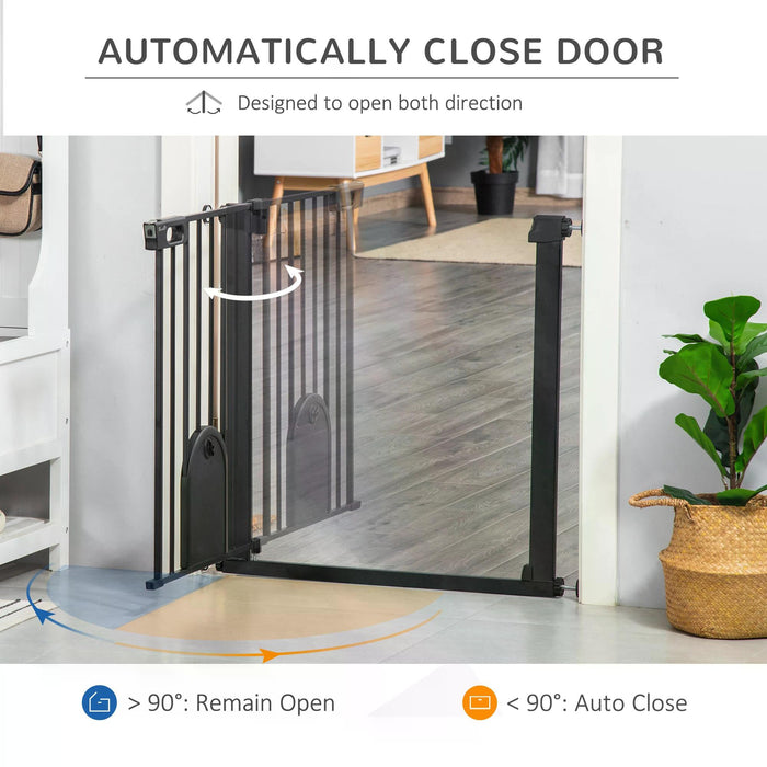 Pet Safety Gate 75-82 cm - Pressure-Mounted Barrier w/ Small Pet Door, Auto-Close & Double Locking - Ideal for Doorways & Stairs, For Dogs & Cats