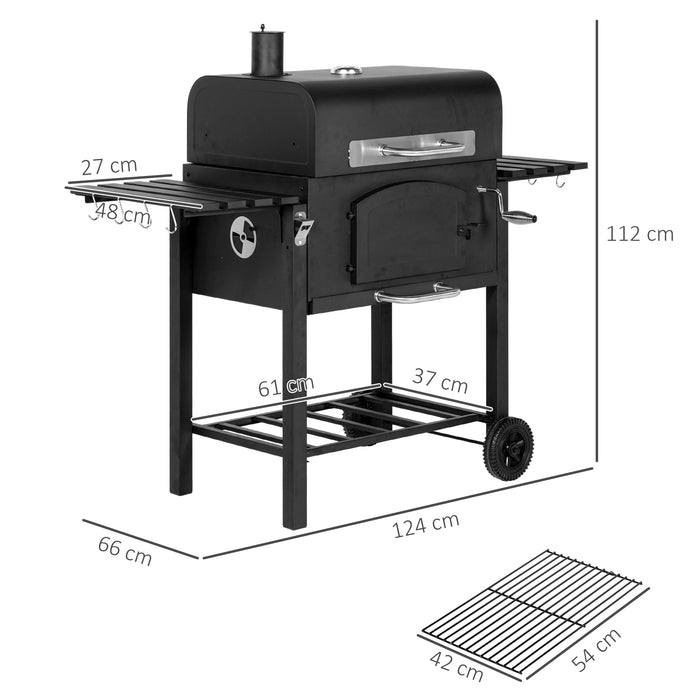 Garden Smoker Charcoal Barbecue Grill Trolley - Adjustable Height, Built-in Thermometer, Handy Shelves, and Opener - Perfect for Outdoor Cooking and Entertaining