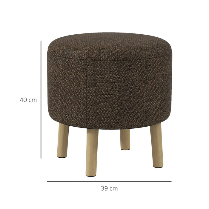 Round Linen Upholstered Ottoman Stool with Storage - Padded Footrest with Concealed Compartment and Sturdy Wood Legs - Ideal for Living Room or Bedroom Space Saving