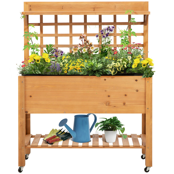 Elevated Wooden Planter for Garden - Raised Bed for Flowers, Herbs, and Vegetables with 2 Storage Shelves - Ideal for Outdoor Gardening and Space Efficiency