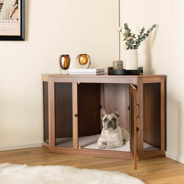 Dog Crate Furniture - Corner Design with Cushion in Brown - Ideal for Puppies Comfort & Space Saving Solution