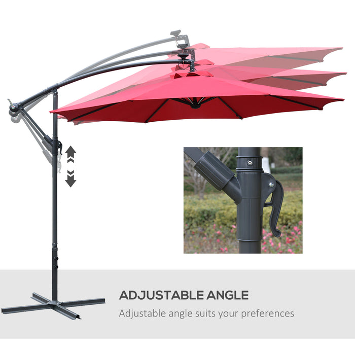 3M LED Cantilever Banana Umbrella - Steel & Aluminium Hanging Parasol with Crank, Cross Base, Offset Design - Ideal for Garden, Patio Table & Outdoor Red Shade